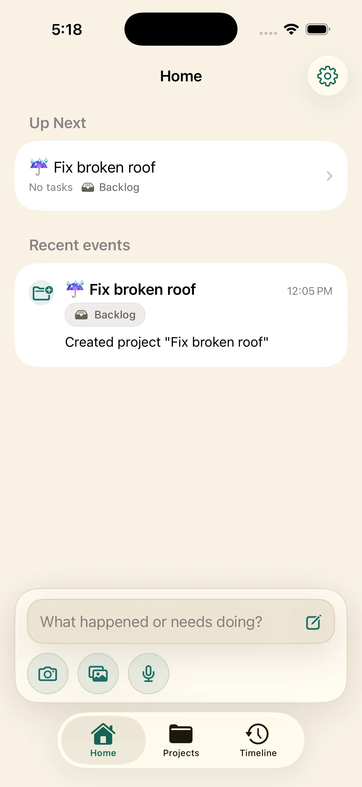 Project Keeper Home screen showing Up Next, Recent events, and the capture composer.