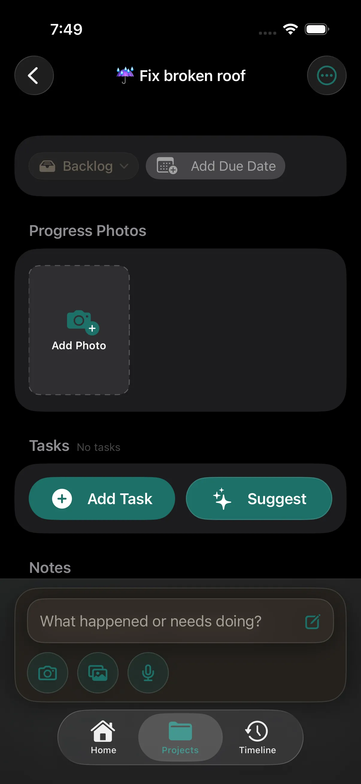 Project Keeper Project Detail screen with Progress Photos, Tasks, and Suggest.